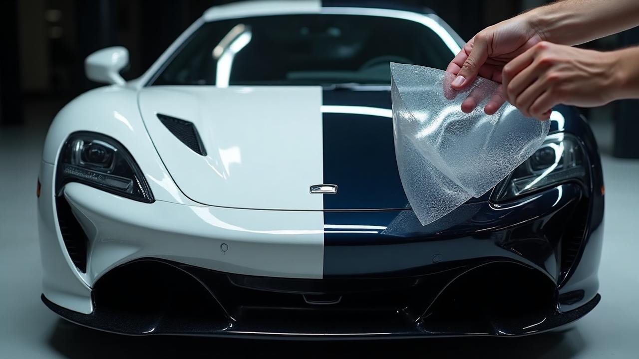 PPF protection comparison showing unprotected paint with rock chips versus protected paint with flawless finish